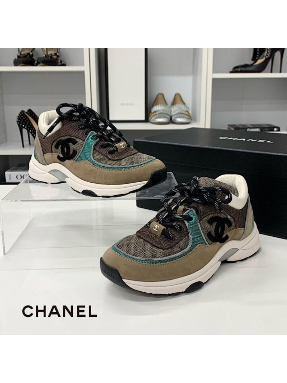 Chanel CC Logo Mesh Suede Leather Sneakers Brown